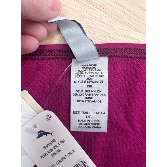 Tommy Bahama Pearl High Waist Side Shirred Bikini Bottoms Cabernet Crush L NWT - Picture 6 of 7